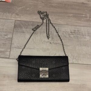MCM Black Leather Clutch with Silver Chain